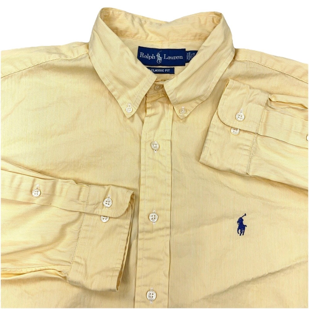 Ralph Lauren Shirt Men 17.5 34 Yellow Striped Button Up Classic Fit Dress XL E *